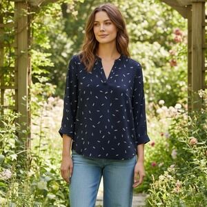 Daniel Rainn S Top Navy Blue Print Split Neck Boho‎ Coastal Casual Office Flowy